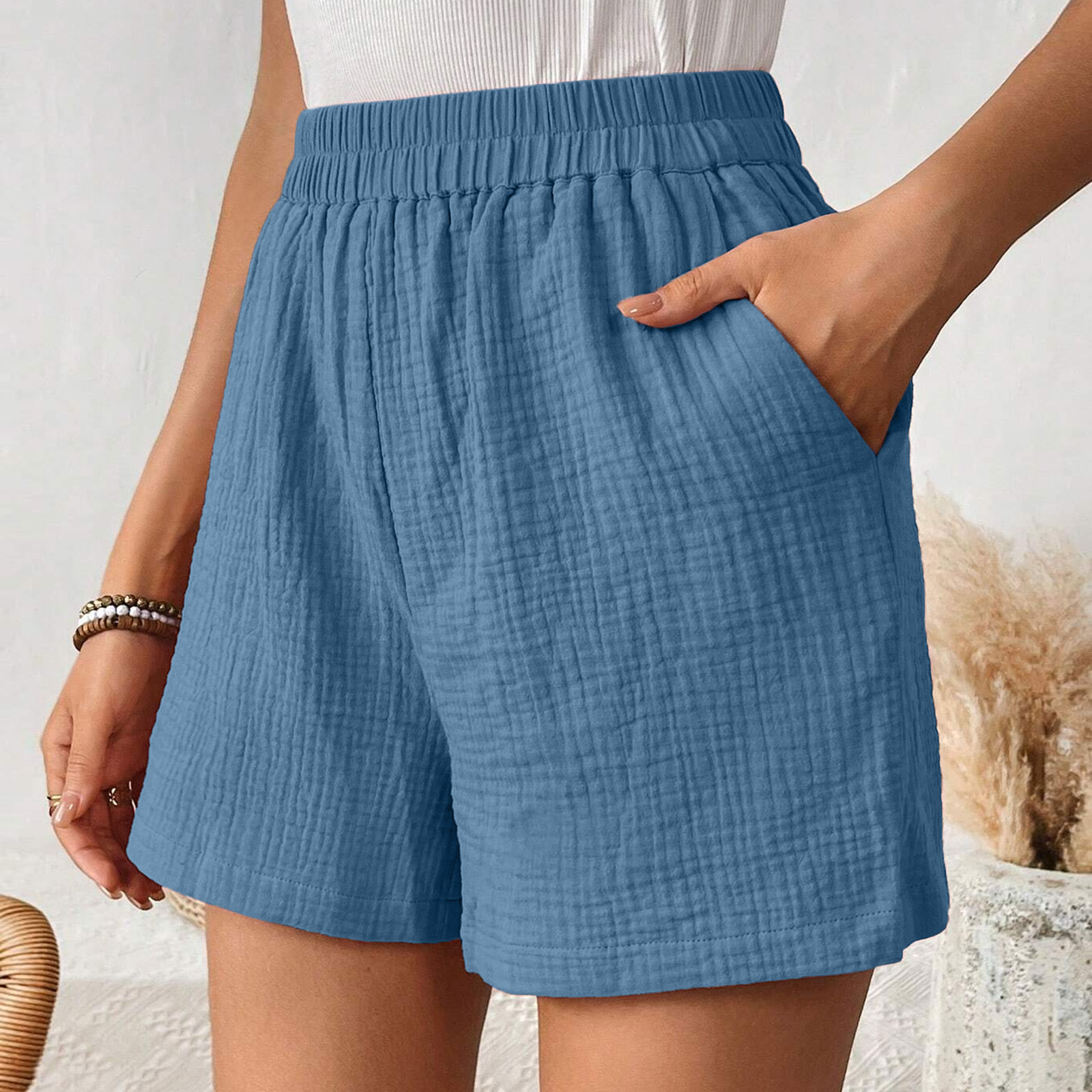 thumbnail image 4 of Pantalones de mujer con doble capa y pliegues en el bajo - Pantalones de cintura alta y pierna recta - Pantalones cortos deportivos holgados, 4 of 8